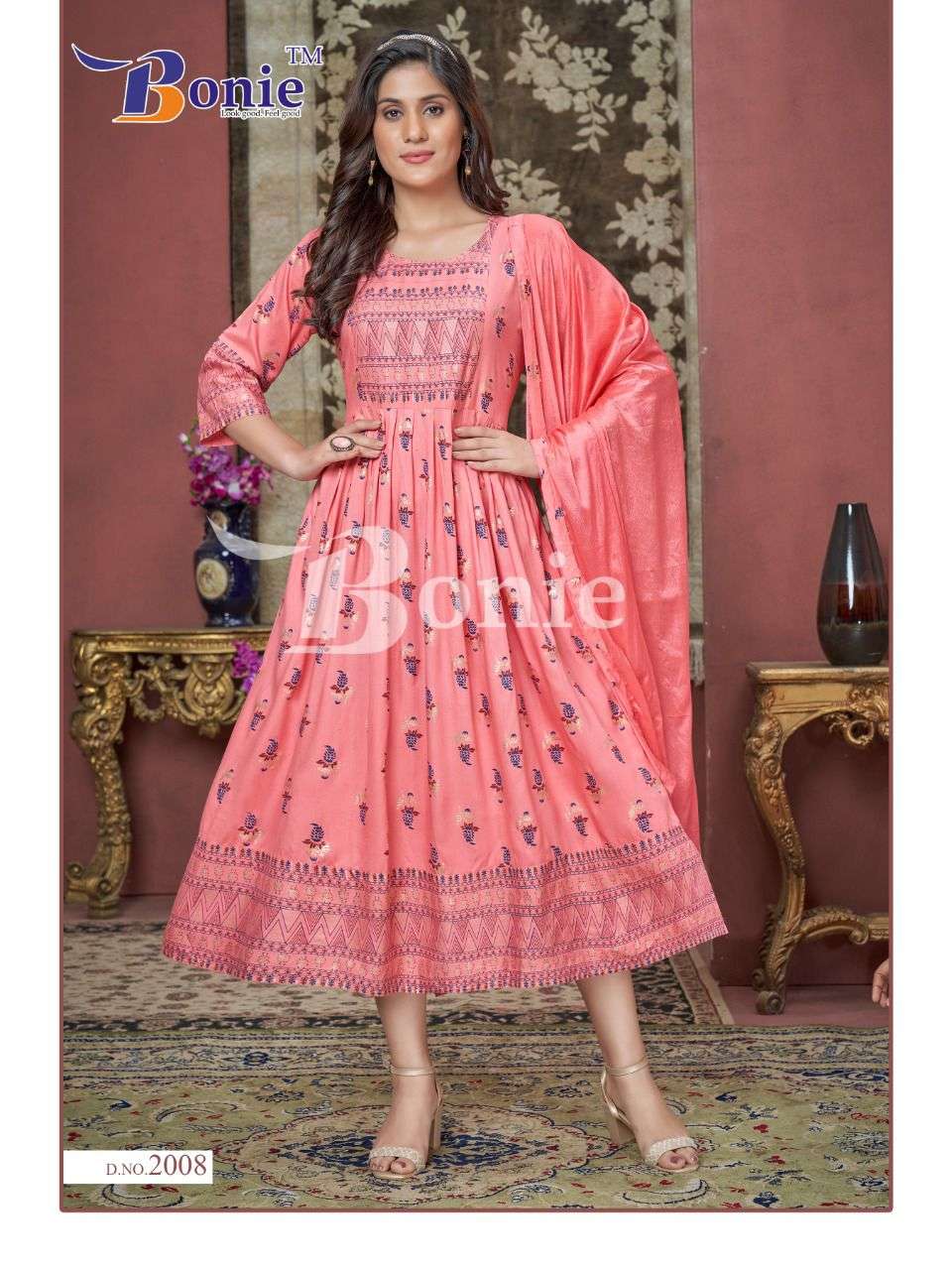 PUSHPA VOL-2 BY BONIE 2001 TO 2008 SERIES BEAUTIFUL STYLISH FANCY COLORFUL CASUAL WEAR & ETHNIC WEAR PURE RAYON KURTI WITH DUPATTA AT WHOLESALE PRICE