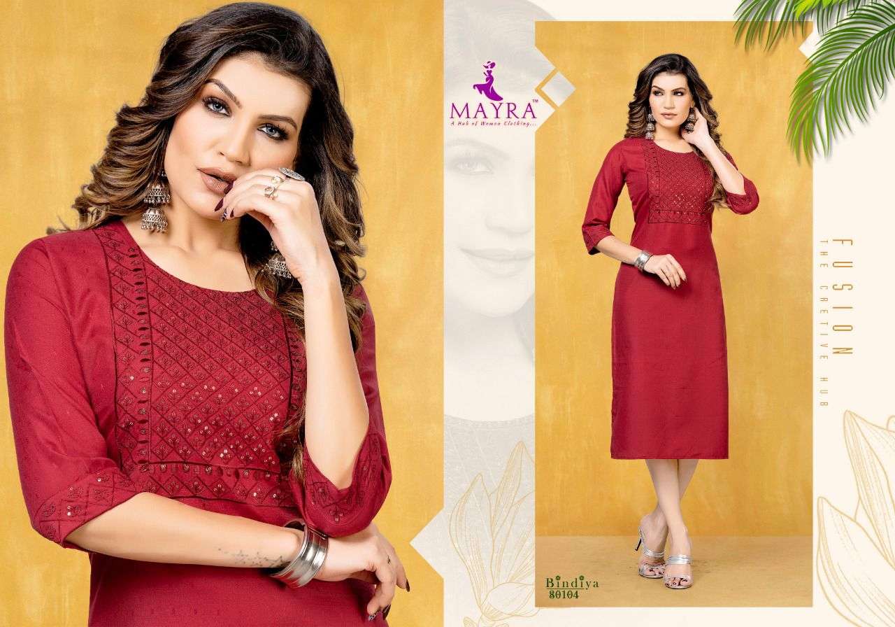BINDIYA BY MAYRA 80103 TO 80110 SERIES BEAUTIFUL STYLISH FANCY COLORFUL CASUAL WEAR & ETHNIC WEAR COTTON EMBROIDERED KURTIS AT WHOLESALE PRICE