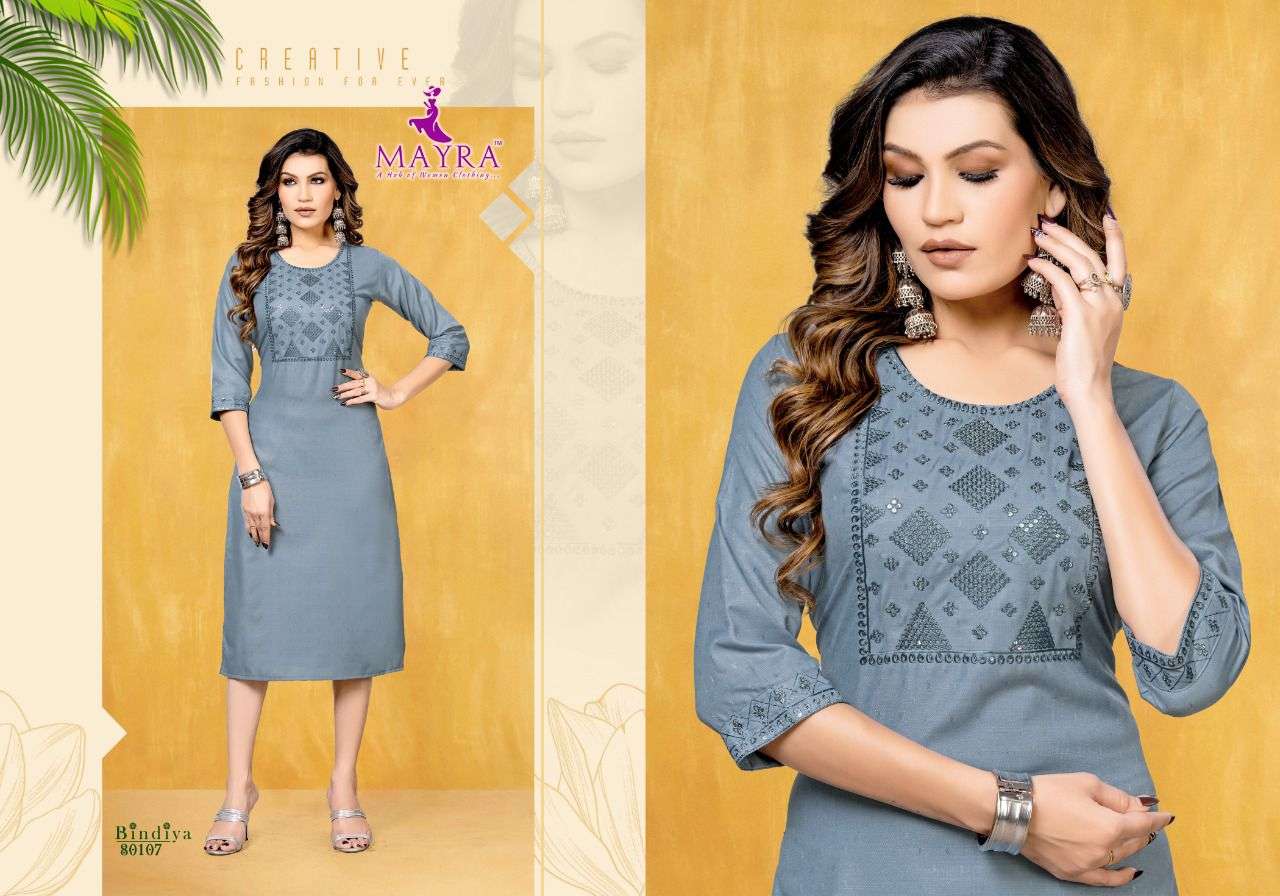 BINDIYA BY MAYRA 80103 TO 80110 SERIES BEAUTIFUL STYLISH FANCY COLORFUL CASUAL WEAR & ETHNIC WEAR COTTON EMBROIDERED KURTIS AT WHOLESALE PRICE