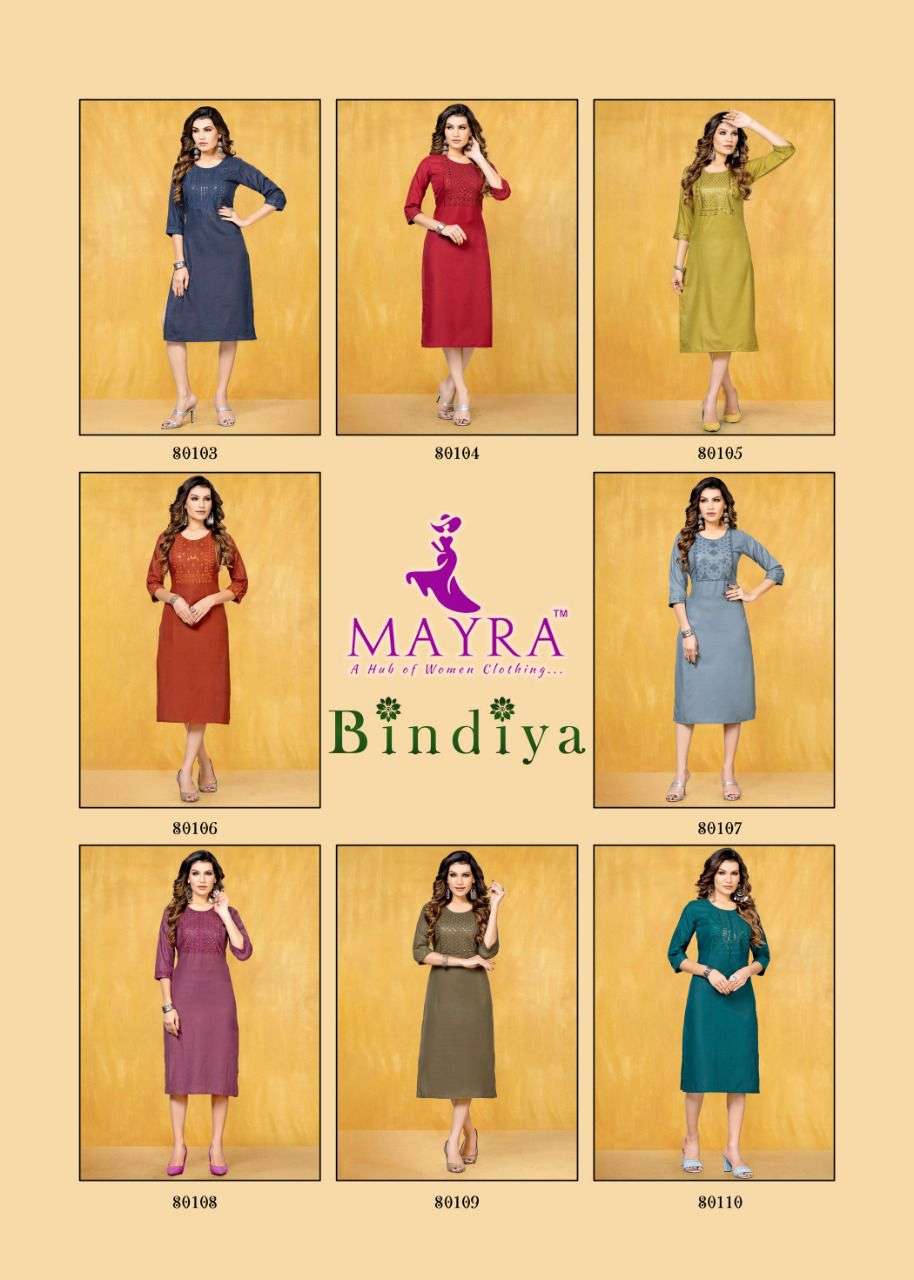 BINDIYA BY MAYRA 80103 TO 80110 SERIES BEAUTIFUL STYLISH FANCY COLORFUL CASUAL WEAR & ETHNIC WEAR COTTON EMBROIDERED KURTIS AT WHOLESALE PRICE