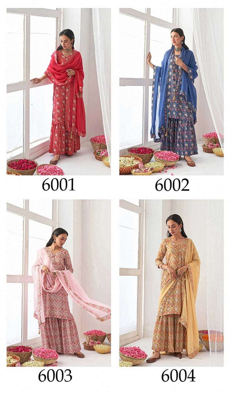 ALFAAZ VOL-6 BY FASHID WHOLESALE 6001 TO 6004 SERIES BEAUTIFUL SHARARA SUITS COLORFUL STYLISH FANCY CASUAL WEAR & ETHNIC WEAR HEAVY MUSLIN EMBROIDERED DRESSES AT WHOLESALE PRICE