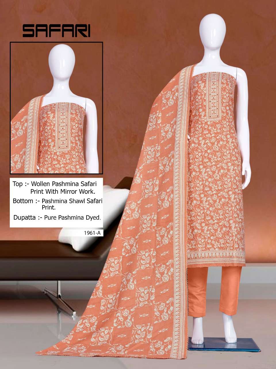 SAFARI-1961 BY BIPSON 1961-A TO 1961-D SERIES DESIGNER SUITS BEAUTIFUL STYLISH FANCY COLORFUL PARTY WEAR & ETHNIC WEAR PASHMINA PRINT DRESSES AT WHOLESALE PRICE