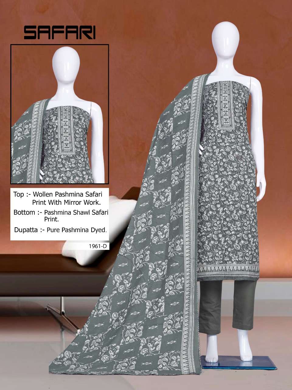SAFARI-1961 BY BIPSON 1961-A TO 1961-D SERIES DESIGNER SUITS BEAUTIFUL STYLISH FANCY COLORFUL PARTY WEAR & ETHNIC WEAR PASHMINA PRINT DRESSES AT WHOLESALE PRICE