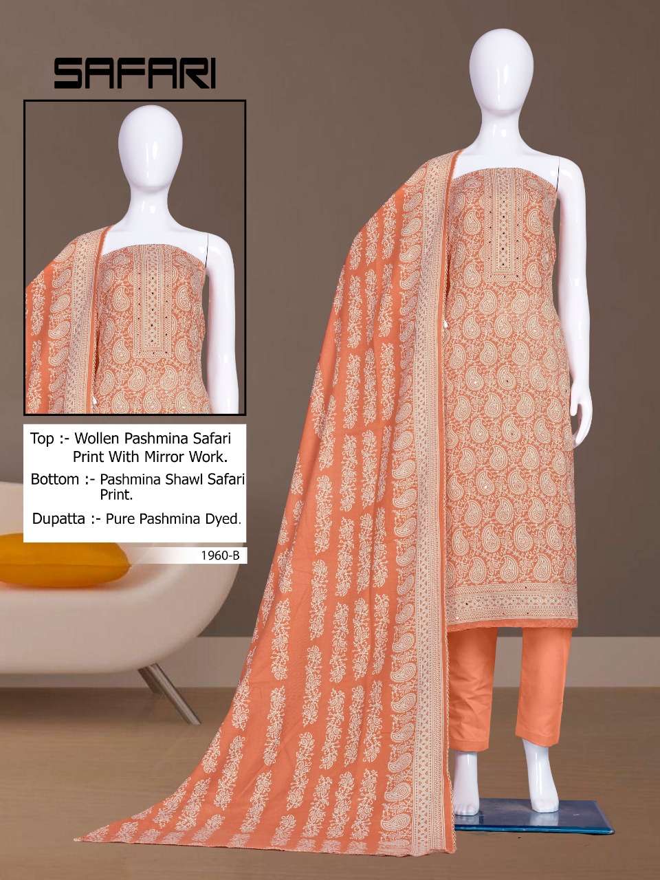SAFARI-1960 BY BIPSON 1960-A TO 1960-D SERIES DESIGNER SUITS BEAUTIFUL STYLISH FANCY COLORFUL PARTY WEAR & ETHNIC WEAR PASHMINA PRINT DRESSES AT WHOLESALE PRICE