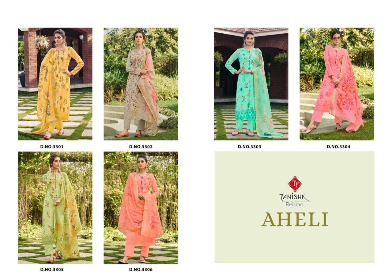 AHELI BY TANISHK FASHION 3301 TO 3306 SERIES BEAUTIFUL STYLISH SUITS FANCY COLORFUL CASUAL WEAR & ETHNIC WEAR & READY TO WEAR PASHMINA DIGITAL PRINT WITH EMBROIDERY DRESSES AT WHOLESALE PRICE