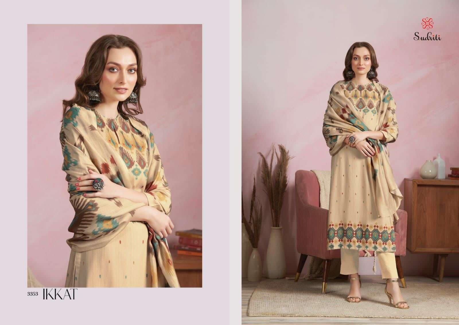 IKKAT BY SUDRITI BEAUTIFUL SUITS COLORFUL STYLISH FANCY CASUAL WEAR & ETHNIC WEAR PURE PASHMINA PRINT DRESSES AT WHOLESALE PRICE