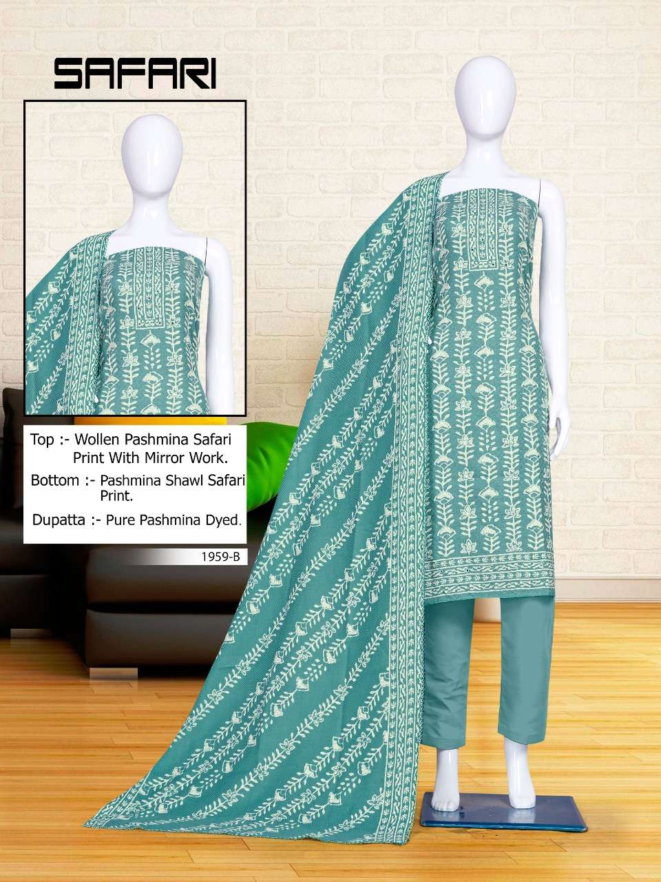 SAFARI-1959 BY BIPSON 1959-A TO 1959-D SERIES BEAUTIFUL STYLISH SUITS FANCY COLORFUL CASUAL WEAR & ETHNIC WEAR & READY TO WEAR PASHMINA PRINT WITH WORK DRESSES AT WHOLESALE PRICE