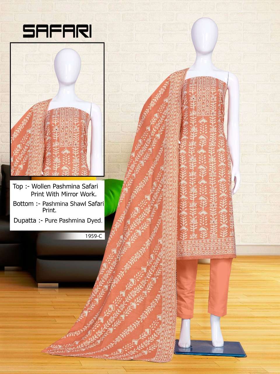 SAFARI-1959 BY BIPSON 1959-A TO 1959-D SERIES BEAUTIFUL STYLISH SUITS FANCY COLORFUL CASUAL WEAR & ETHNIC WEAR & READY TO WEAR PASHMINA PRINT WITH WORK DRESSES AT WHOLESALE PRICE