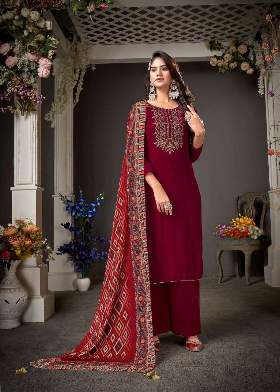 AMIRAA VOL-1 BY BIPSON 1001 TO 1004 SERIES BEAUTIFUL STYLISH SUITS FANCY COLORFUL CASUAL WEAR & ETHNIC WEAR & READY TO WEAR PURE VISCOSE VELVET EMBROIDERED DRESSES AT WHOLESALE PRICE
