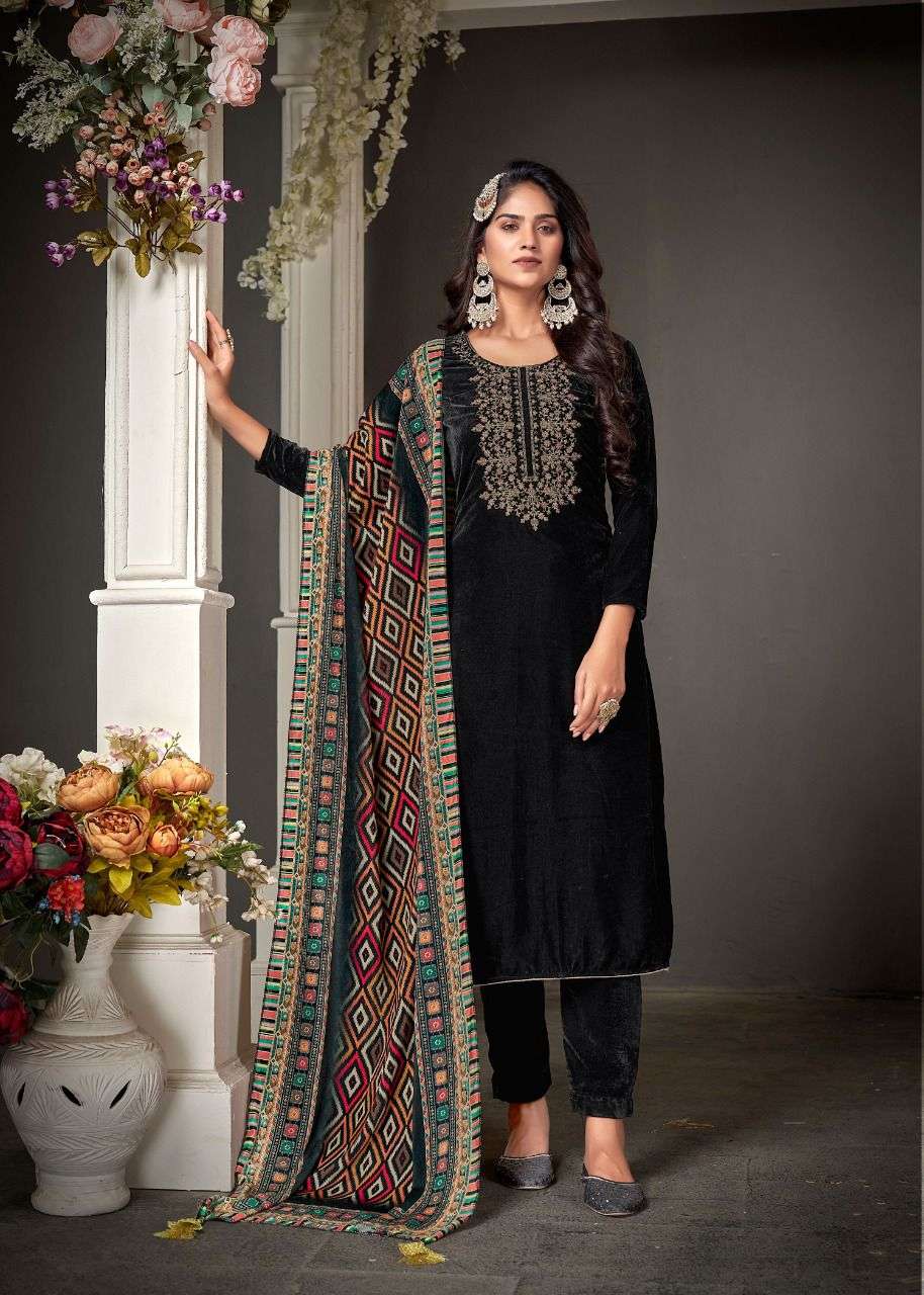 AMIRAA VOL-1 BY BIPSON 1001 TO 1004 SERIES BEAUTIFUL STYLISH SUITS FANCY COLORFUL CASUAL WEAR & ETHNIC WEAR & READY TO WEAR PURE VISCOSE VELVET EMBROIDERED DRESSES AT WHOLESALE PRICE