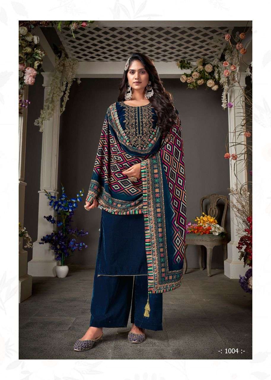 AMIRAA VOL-1 BY BIPSON 1001 TO 1004 SERIES BEAUTIFUL STYLISH SUITS FANCY COLORFUL CASUAL WEAR & ETHNIC WEAR & READY TO WEAR PURE VISCOSE VELVET EMBROIDERED DRESSES AT WHOLESALE PRICE