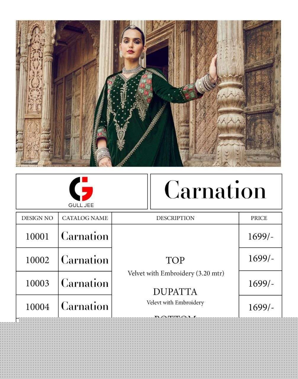 Carnation By Gull Jee 1001 To 1006 Series Beautiful Suits Colorful Stylish Fancy Casual Wear & Ethnic Wear Velvet Embroidered Dresses At Wholesale Price