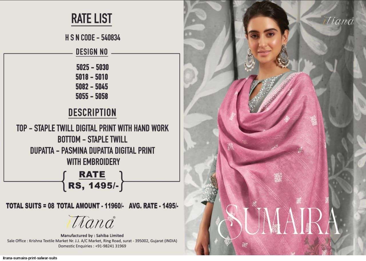 SUMAIRA BY ITRANA BEAUTIFUL SUITS COLORFUL STYLISH FANCY CASUAL WEAR & ETHNIC WEAR STAPLE TWILL DIGITAL PRINT DRESSES AT WHOLESALE PRICE