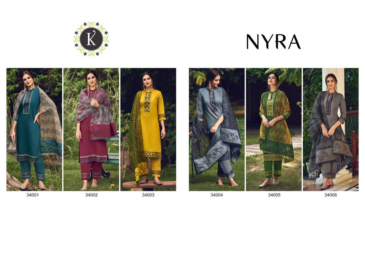 NYRA BY KALKI 34001 TO 34006 DESIGNER SUITS BEAUTIFUL FANCY STYLISH COLORFUL PARTY WEAR & OCCASIONAL WEAR PURE VISCOSE SILK EMBROIDERY DRESSES AT WHOLESALE PRICE