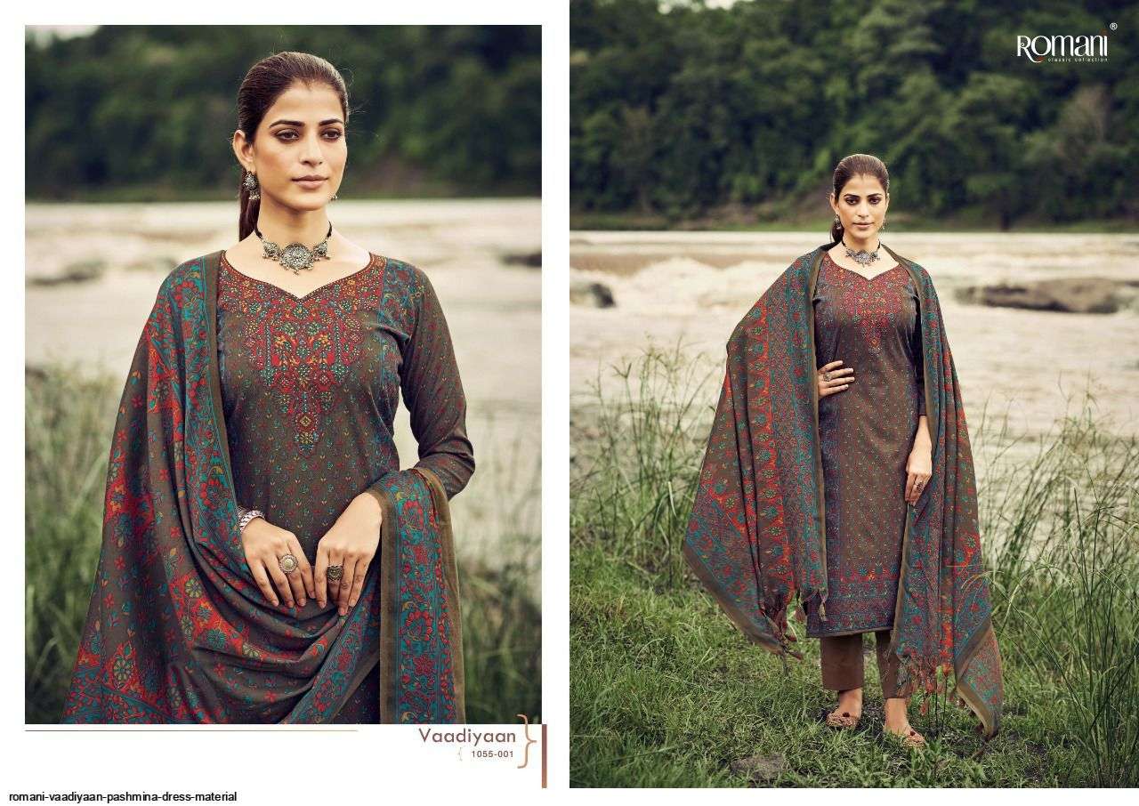 VAADIYAAN BY ROMANI 1055-001 TO 1055-010 SERIES DESIGNER SUITS COLLECTION BEAUTIFUL STYLISH COLORFUL FANCY PARTY WEAR & OCCASIONAL WEAR PASHMINA WITH WORK DRESSES AT WHOLESALE PRICE