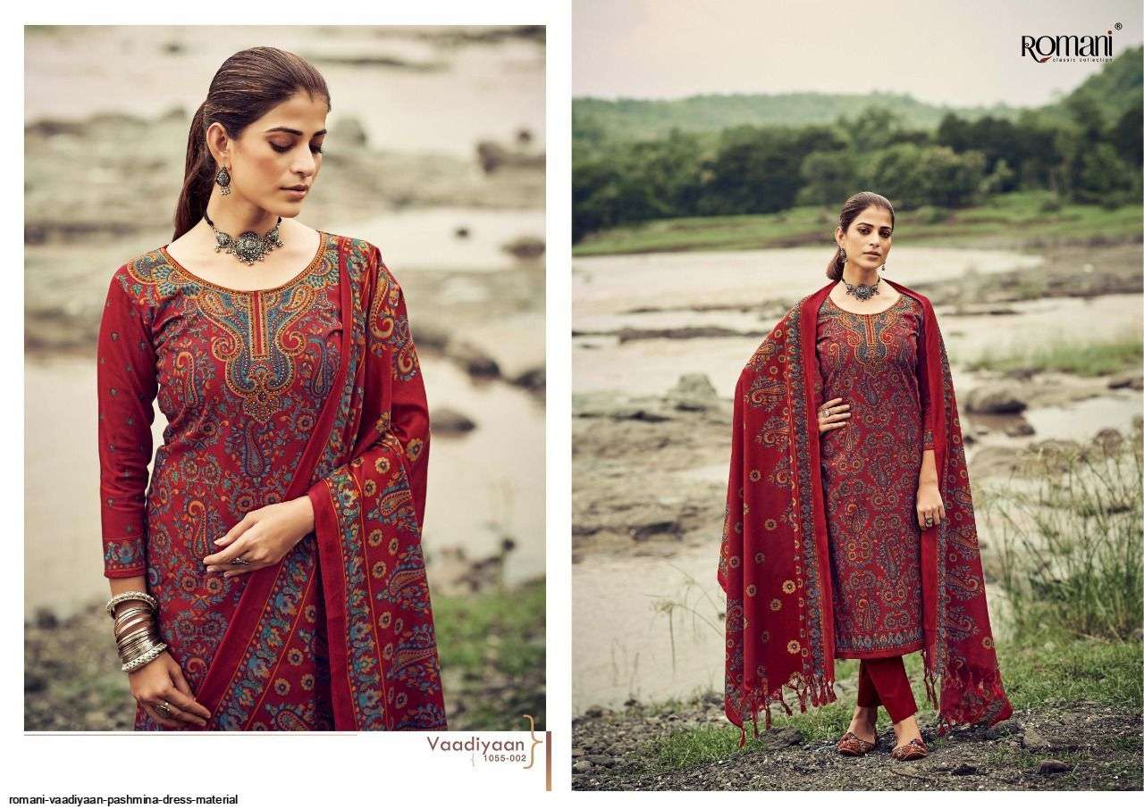 VAADIYAAN BY ROMANI 1055-001 TO 1055-010 SERIES DESIGNER SUITS COLLECTION BEAUTIFUL STYLISH COLORFUL FANCY PARTY WEAR & OCCASIONAL WEAR PASHMINA WITH WORK DRESSES AT WHOLESALE PRICE