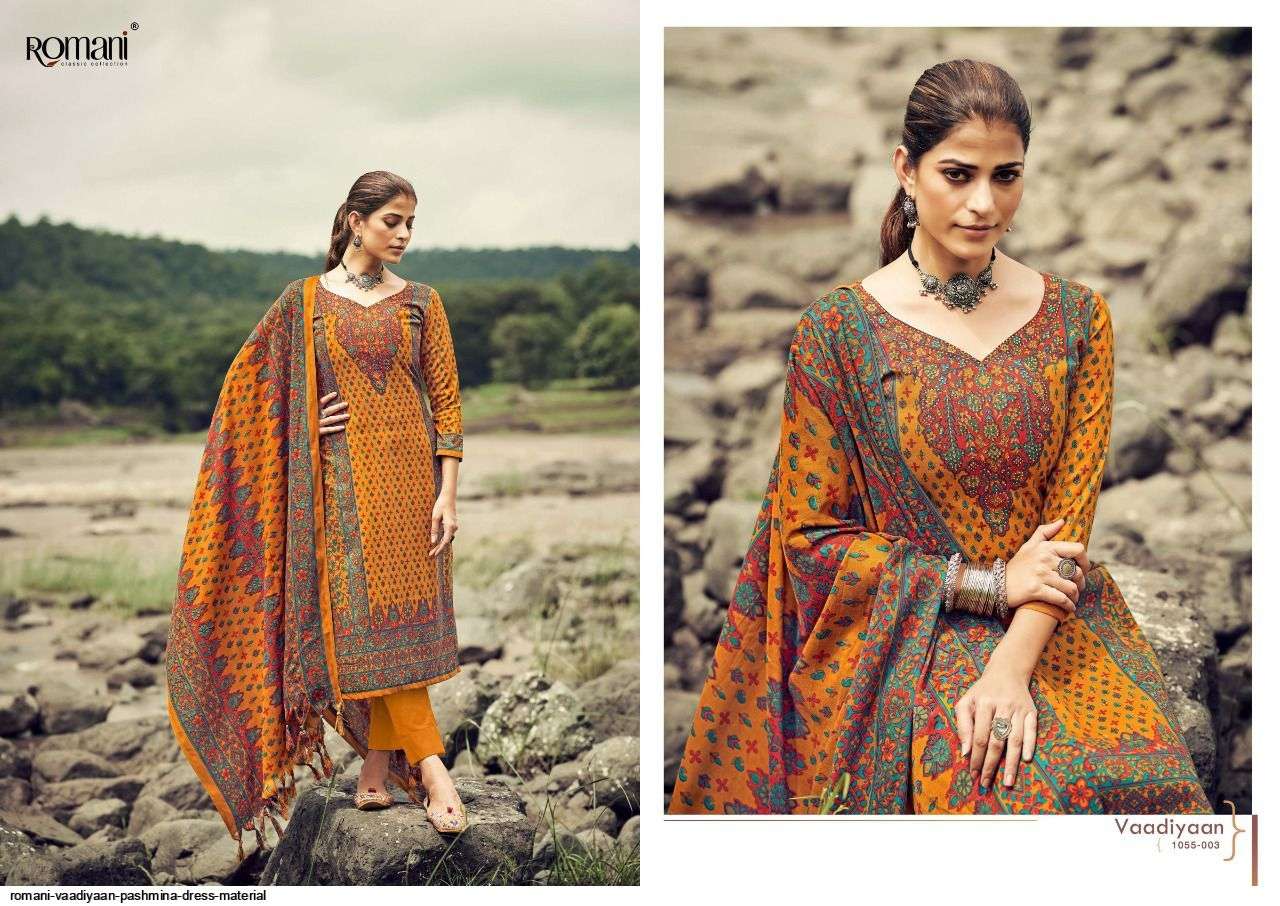 VAADIYAAN BY ROMANI 1055-001 TO 1055-010 SERIES DESIGNER SUITS COLLECTION BEAUTIFUL STYLISH COLORFUL FANCY PARTY WEAR & OCCASIONAL WEAR PASHMINA WITH WORK DRESSES AT WHOLESALE PRICE