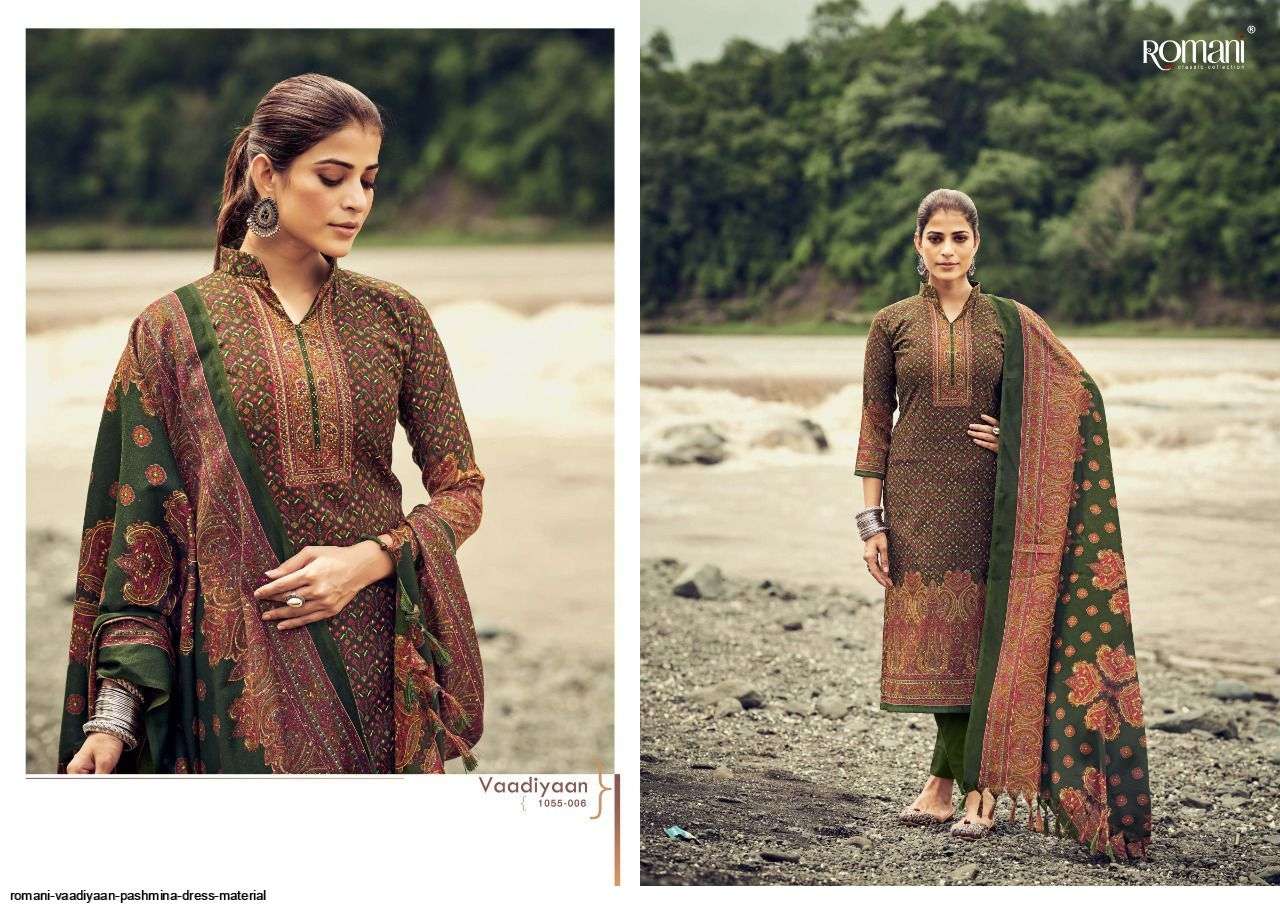 VAADIYAAN BY ROMANI 1055-001 TO 1055-010 SERIES DESIGNER SUITS COLLECTION BEAUTIFUL STYLISH COLORFUL FANCY PARTY WEAR & OCCASIONAL WEAR PASHMINA WITH WORK DRESSES AT WHOLESALE PRICE