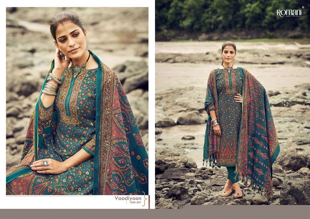 VAADIYAAN BY ROMANI 1055-001 TO 1055-010 SERIES DESIGNER SUITS COLLECTION BEAUTIFUL STYLISH COLORFUL FANCY PARTY WEAR & OCCASIONAL WEAR PASHMINA WITH WORK DRESSES AT WHOLESALE PRICE