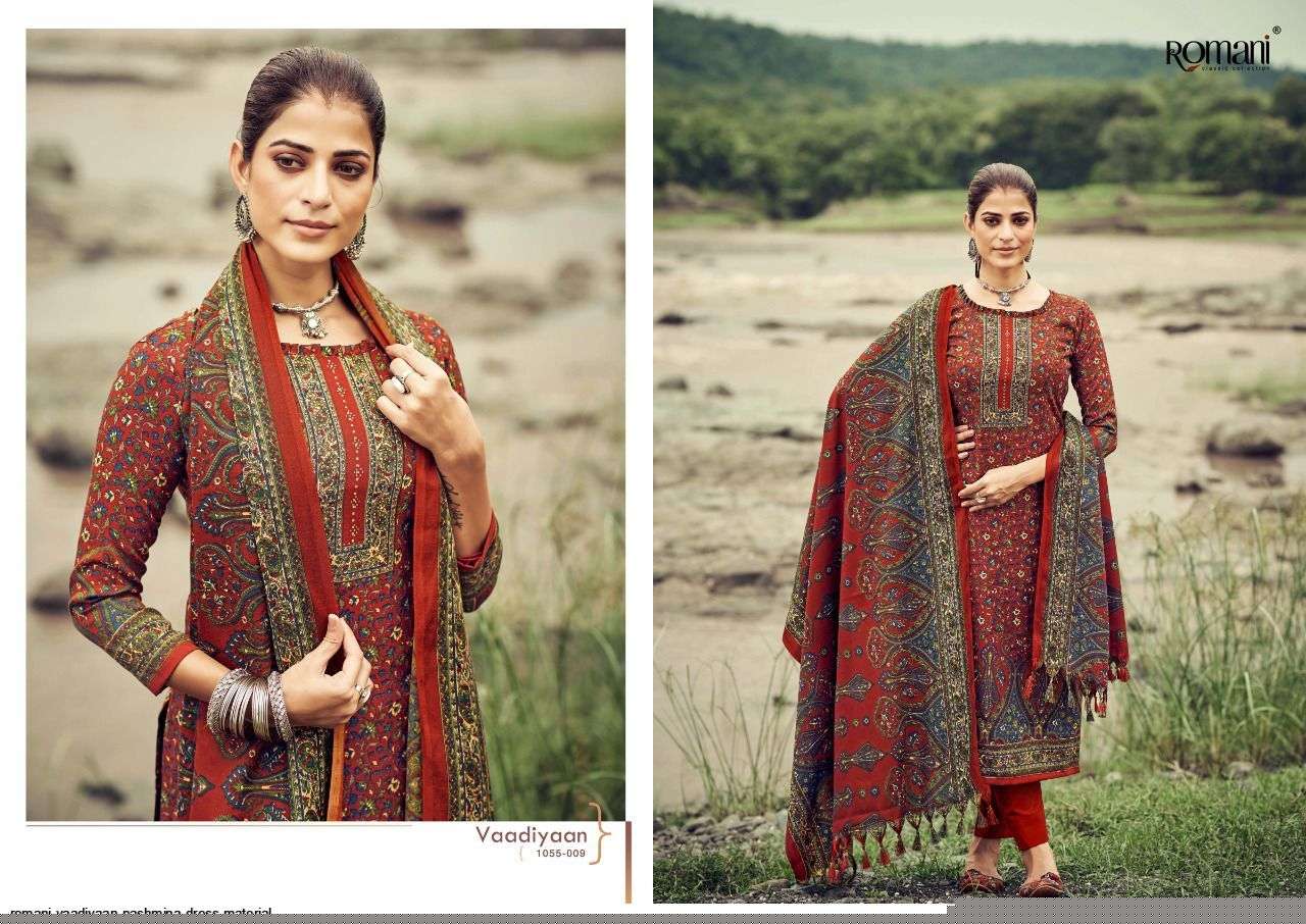 VAADIYAAN BY ROMANI 1055-001 TO 1055-010 SERIES DESIGNER SUITS COLLECTION BEAUTIFUL STYLISH COLORFUL FANCY PARTY WEAR & OCCASIONAL WEAR PASHMINA WITH WORK DRESSES AT WHOLESALE PRICE