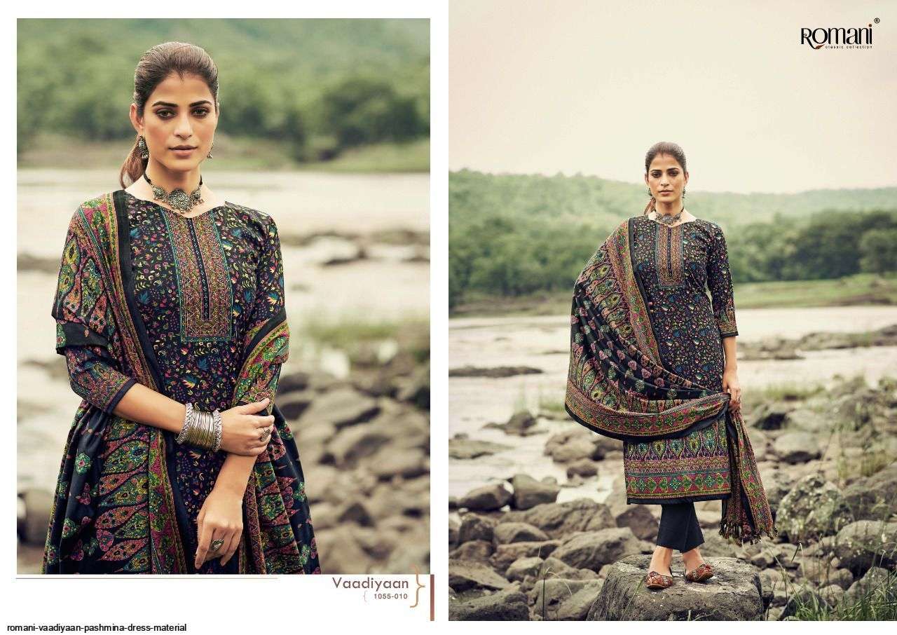 VAADIYAAN BY ROMANI 1055-001 TO 1055-010 SERIES DESIGNER SUITS COLLECTION BEAUTIFUL STYLISH COLORFUL FANCY PARTY WEAR & OCCASIONAL WEAR PASHMINA WITH WORK DRESSES AT WHOLESALE PRICE