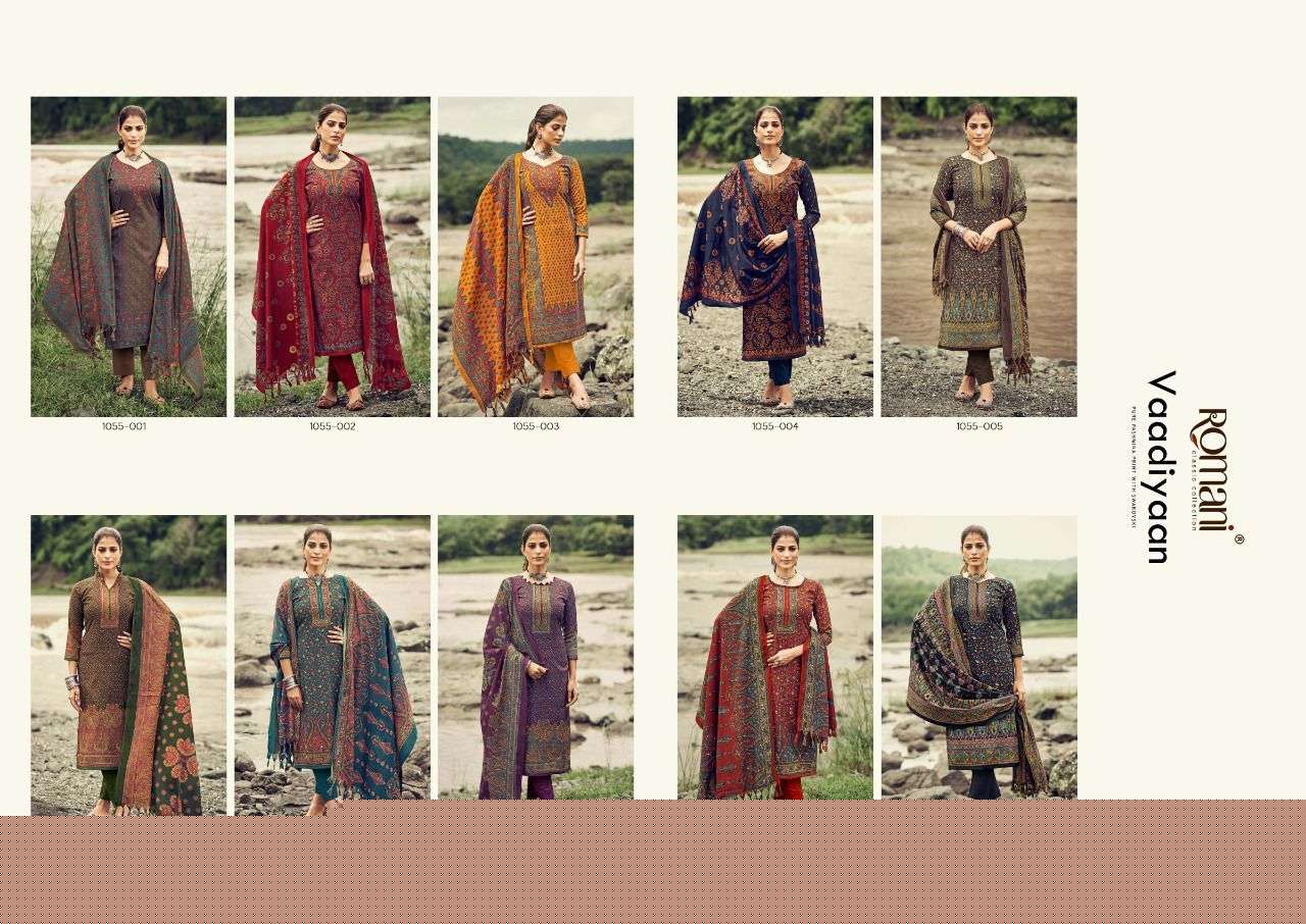 VAADIYAAN BY ROMANI 1055-001 TO 1055-010 SERIES DESIGNER SUITS COLLECTION BEAUTIFUL STYLISH COLORFUL FANCY PARTY WEAR & OCCASIONAL WEAR PASHMINA WITH WORK DRESSES AT WHOLESALE PRICE
