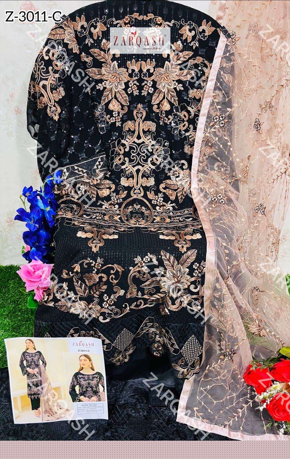 Zarqash Hit Design 3011 Colours By Zarqash 3011-A To 3011-D Series Designer Pakistani Suits Collection Beautiful Stylish Colorful Fancy Party Wear & Occasional Wear Faux Georgette Dresses At Wholesale Price
