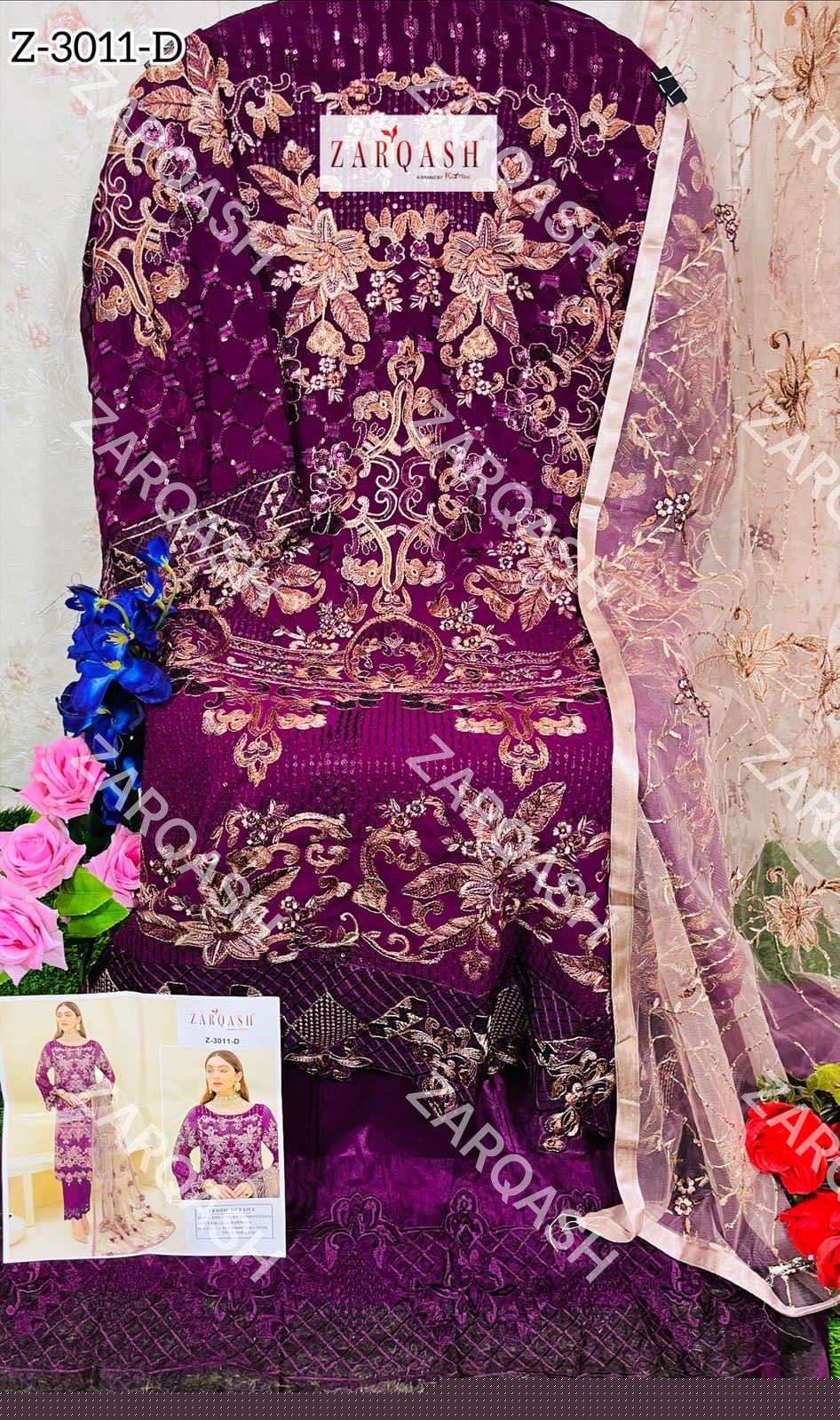 Zarqash Hit Design 3011 Colours By Zarqash 3011-A To 3011-D Series Designer Pakistani Suits Collection Beautiful Stylish Colorful Fancy Party Wear & Occasional Wear Faux Georgette Dresses At Wholesale Price