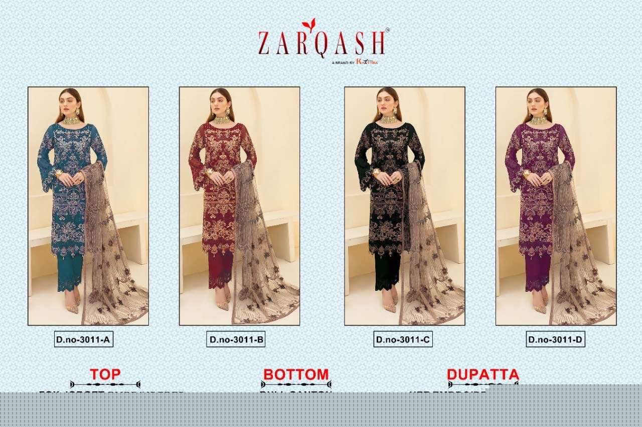 Zarqash Hit Design 3011 Colours By Zarqash 3011-A To 3011-D Series Designer Pakistani Suits Collection Beautiful Stylish Colorful Fancy Party Wear & Occasional Wear Faux Georgette Dresses At Wholesale Price