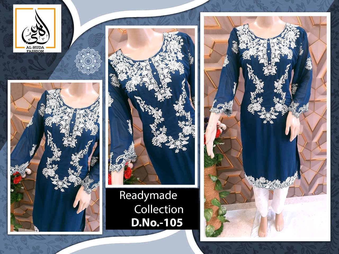 AL-HUDA HIT DESIGN 105 COLOURS BY AL-HUDA 105-A TO 105-B SERIES STYLISH FANCY BEAUTIFUL COLORFUL CASUAL WEAR & ETHNIC WEAR PURE GEORGETTE KURTIS WITH BOTTOM AT WHOLESALE PRICE
