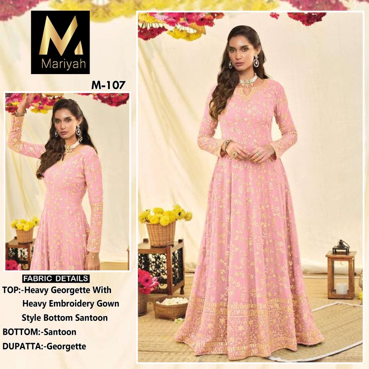 MARIYAH HIT DESIGN M-107 SERIES BY MARIYAH M-107 TO M-110 SERIES BEAUTIFUL ANARKALI SUITS COLORFUL STYLISH FANCY CASUAL WEAR & ETHNIC WEAR HEAVY GEORGETTE DRESSES AT WHOLESALE PRICE