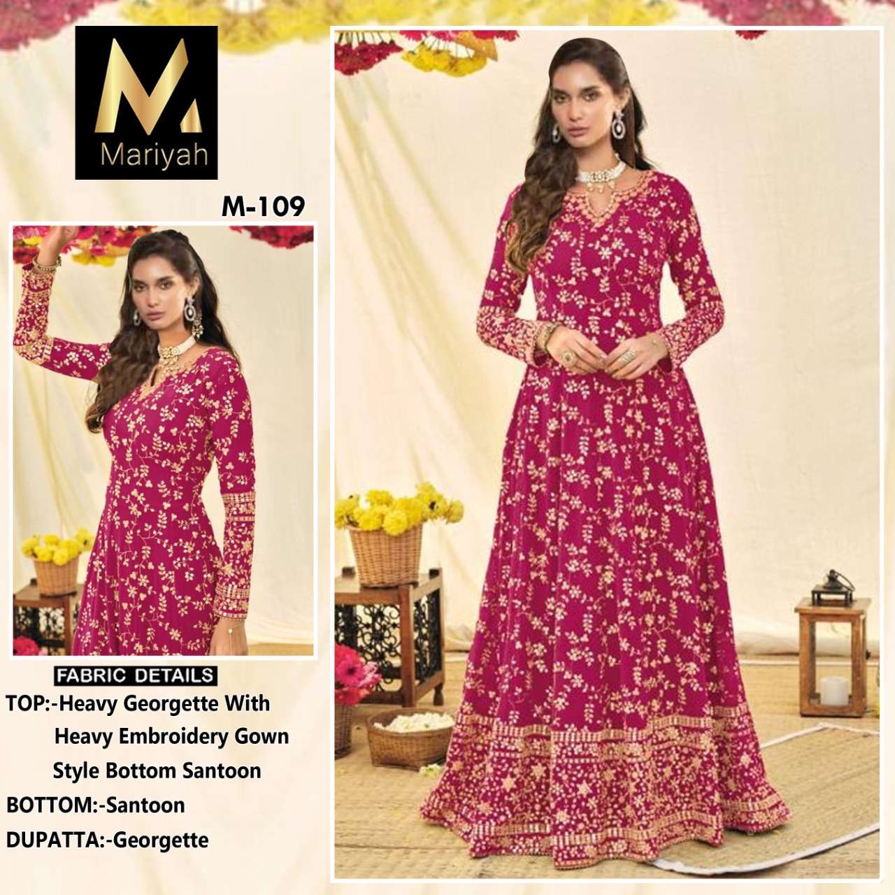 MARIYAH HIT DESIGN M-107 SERIES BY MARIYAH M-107 TO M-110 SERIES BEAUTIFUL ANARKALI SUITS COLORFUL STYLISH FANCY CASUAL WEAR & ETHNIC WEAR HEAVY GEORGETTE DRESSES AT WHOLESALE PRICE