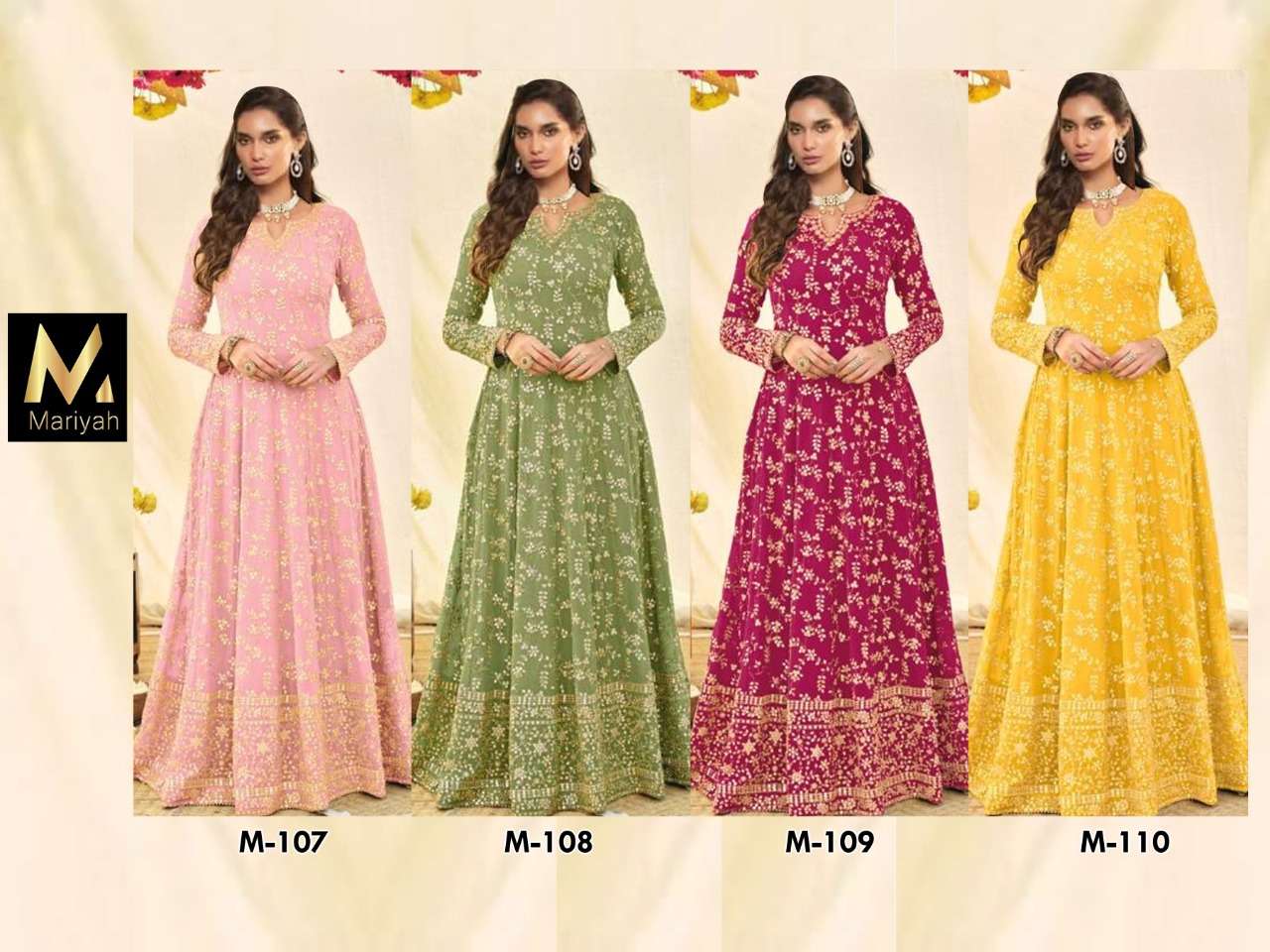 MARIYAH HIT DESIGN M-107 SERIES BY MARIYAH M-107 TO M-110 SERIES BEAUTIFUL ANARKALI SUITS COLORFUL STYLISH FANCY CASUAL WEAR & ETHNIC WEAR HEAVY GEORGETTE DRESSES AT WHOLESALE PRICE