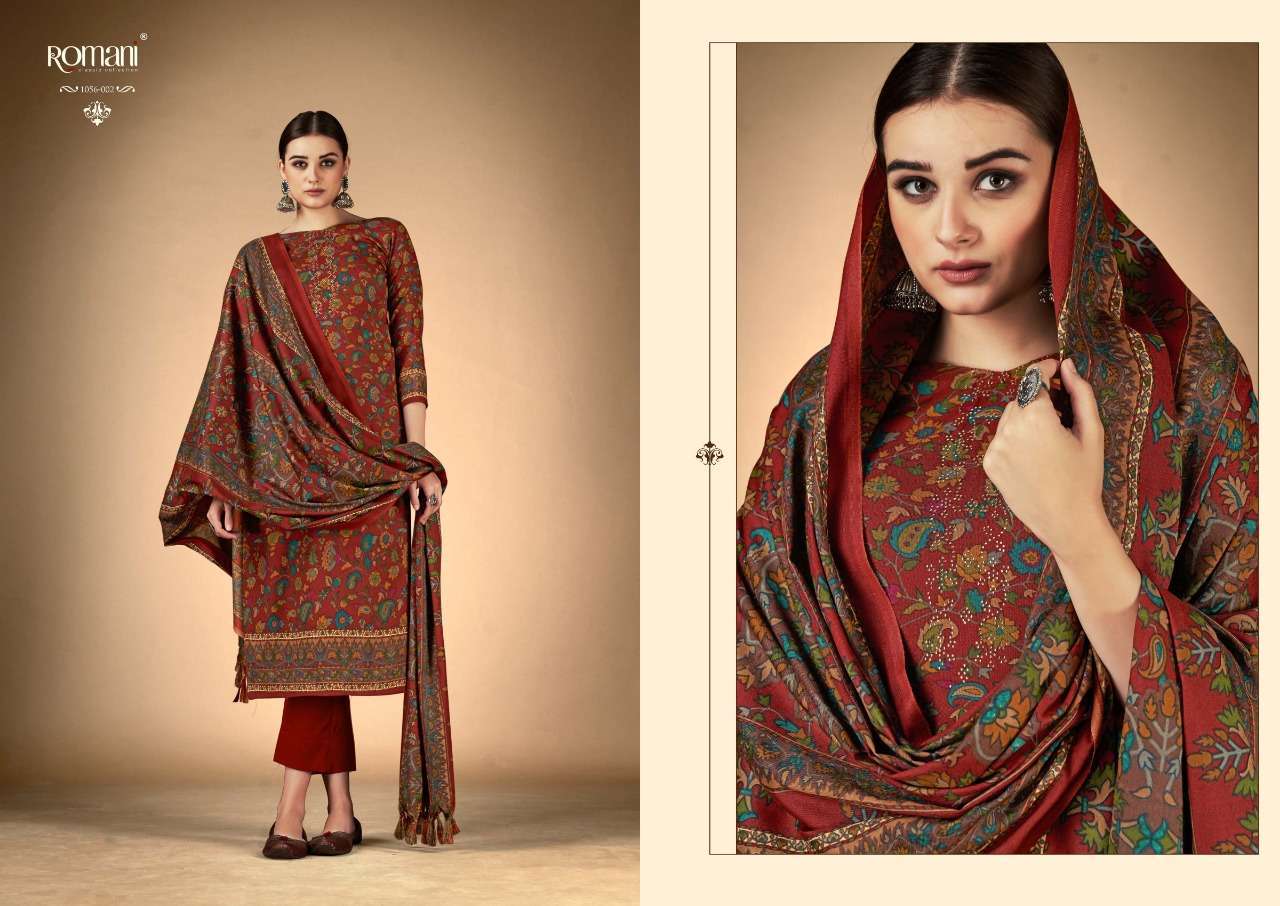 RUKSANA BY ROMANI 1056-001 TO 1056-010 SERIES DESIGNER SUITS BEAUTIFUL FANCY COLORFUL STYLISH PARTY WEAR & OCCASIONAL WEAR PURE PASHMINA WITH WORK DRESSES AT WHOLESALE PRICE