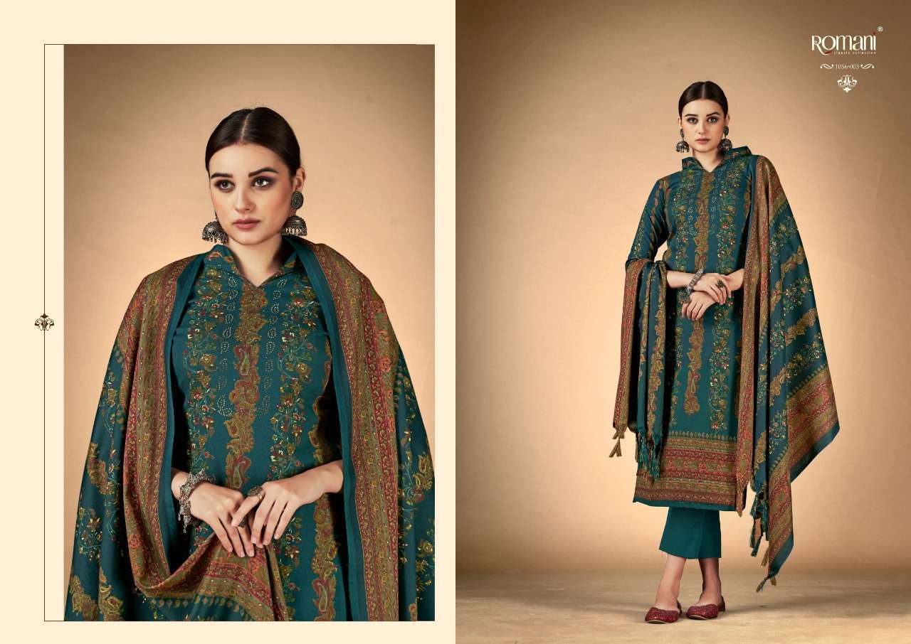 RUKSANA BY ROMANI 1056-001 TO 1056-010 SERIES DESIGNER SUITS BEAUTIFUL FANCY COLORFUL STYLISH PARTY WEAR & OCCASIONAL WEAR PURE PASHMINA WITH WORK DRESSES AT WHOLESALE PRICE