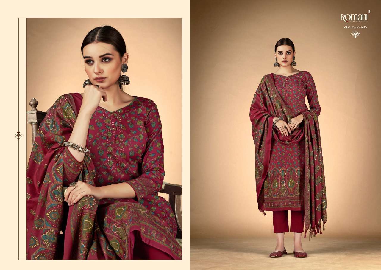 RUKSANA BY ROMANI 1056-001 TO 1056-010 SERIES DESIGNER SUITS BEAUTIFUL FANCY COLORFUL STYLISH PARTY WEAR & OCCASIONAL WEAR PURE PASHMINA WITH WORK DRESSES AT WHOLESALE PRICE