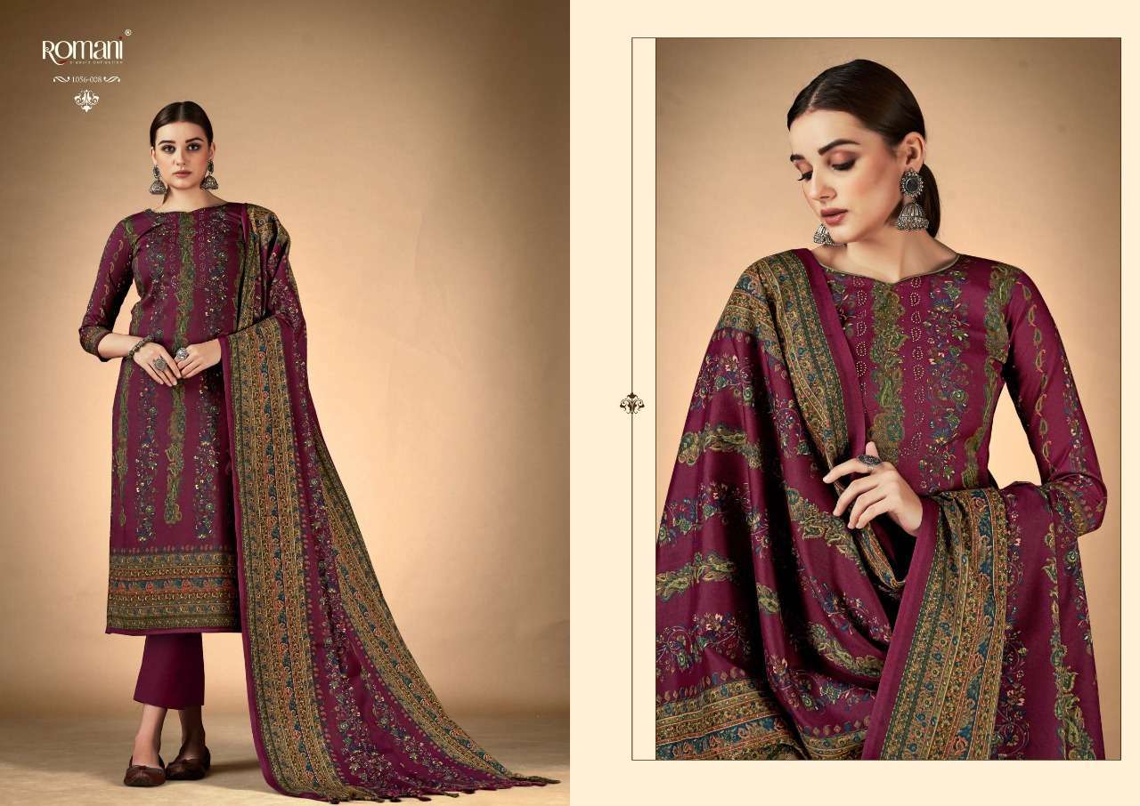 RUKSANA BY ROMANI 1056-001 TO 1056-010 SERIES DESIGNER SUITS BEAUTIFUL FANCY COLORFUL STYLISH PARTY WEAR & OCCASIONAL WEAR PURE PASHMINA WITH WORK DRESSES AT WHOLESALE PRICE