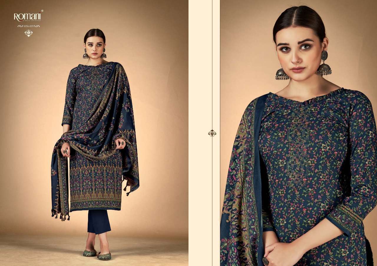 RUKSANA BY ROMANI 1056-001 TO 1056-010 SERIES DESIGNER SUITS BEAUTIFUL FANCY COLORFUL STYLISH PARTY WEAR & OCCASIONAL WEAR PURE PASHMINA WITH WORK DRESSES AT WHOLESALE PRICE