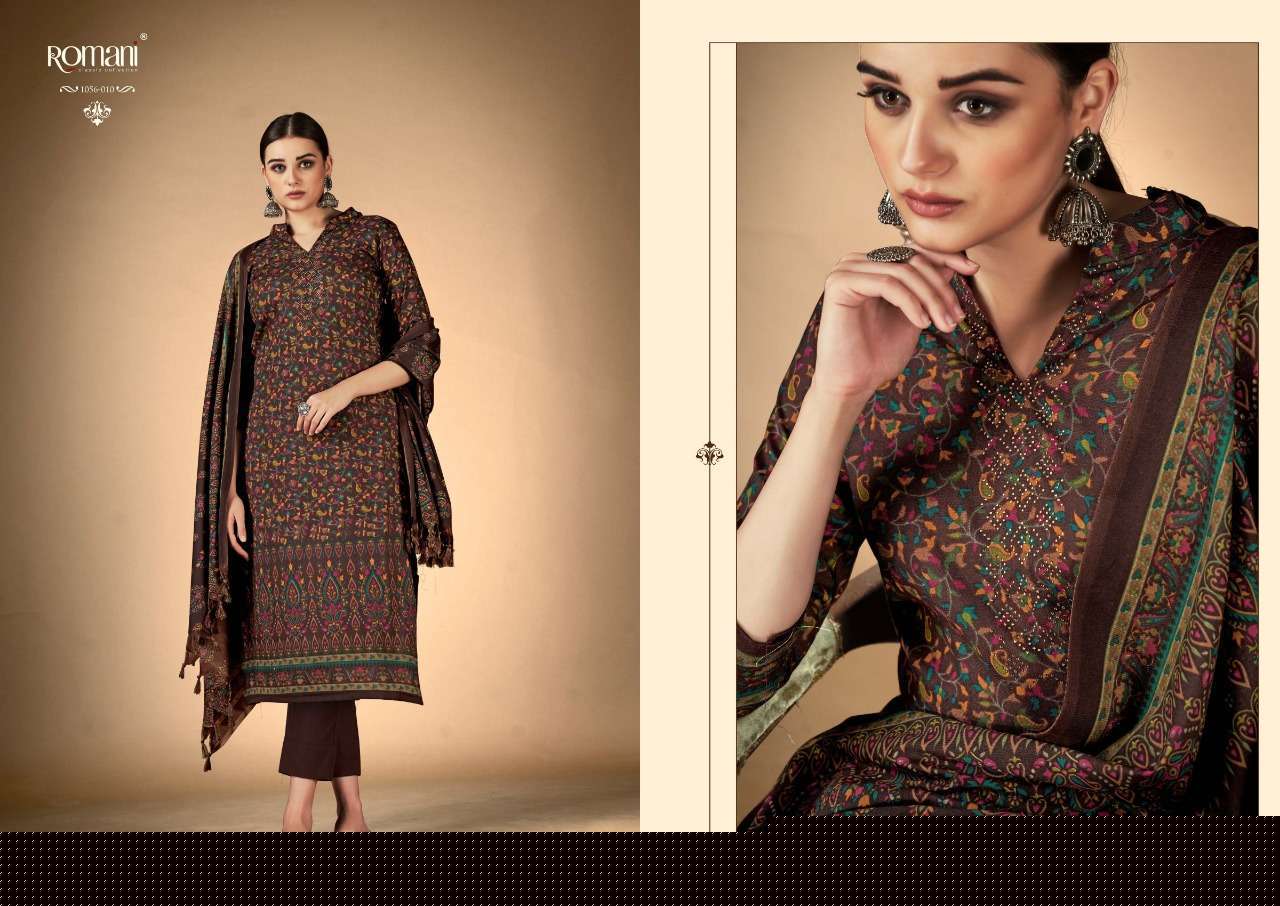 RUKSANA BY ROMANI 1056-001 TO 1056-010 SERIES DESIGNER SUITS BEAUTIFUL FANCY COLORFUL STYLISH PARTY WEAR & OCCASIONAL WEAR PURE PASHMINA WITH WORK DRESSES AT WHOLESALE PRICE