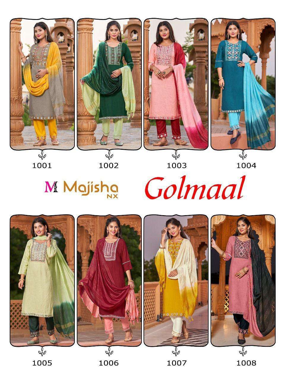GOLMAAL BY MAJISHA NX 1001 TO 1008 SERIES BEAUTIFUL SUITS COLORFUL STYLISH FANCY CASUAL WEAR & ETHNIC WEAR RAYON SLUB EMBROIDERY DRESSES AT WHOLESALE PRICE