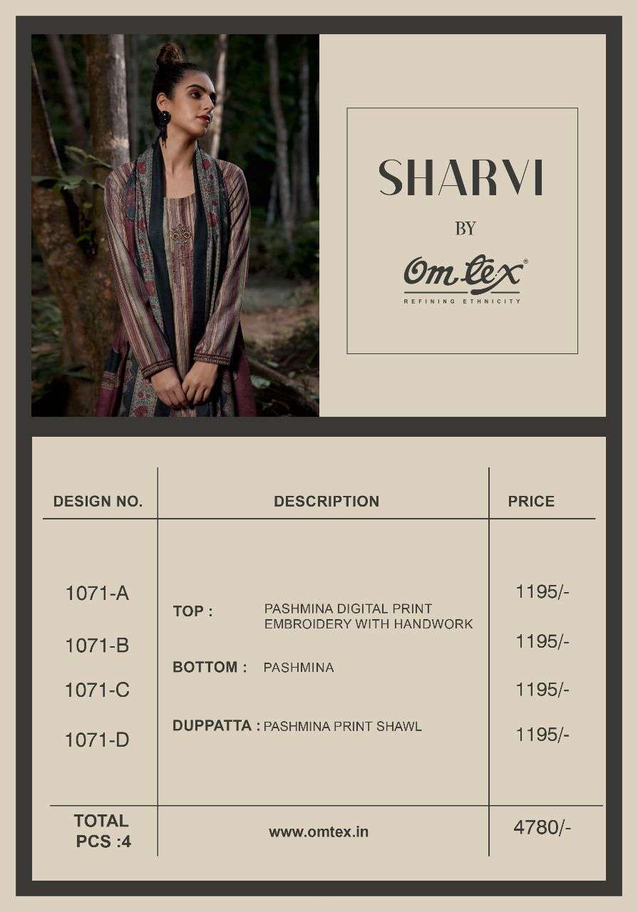 SHARVI BY OM TEX 1071-A TO 1071-D SERIES BEAUTIFUL SUITS COLORFUL STYLISH FANCY CASUAL WEAR & ETHNIC WEAR PASHMINA DIGITAL PRINT WITH WORK DRESSES AT WHOLESALE PRICE