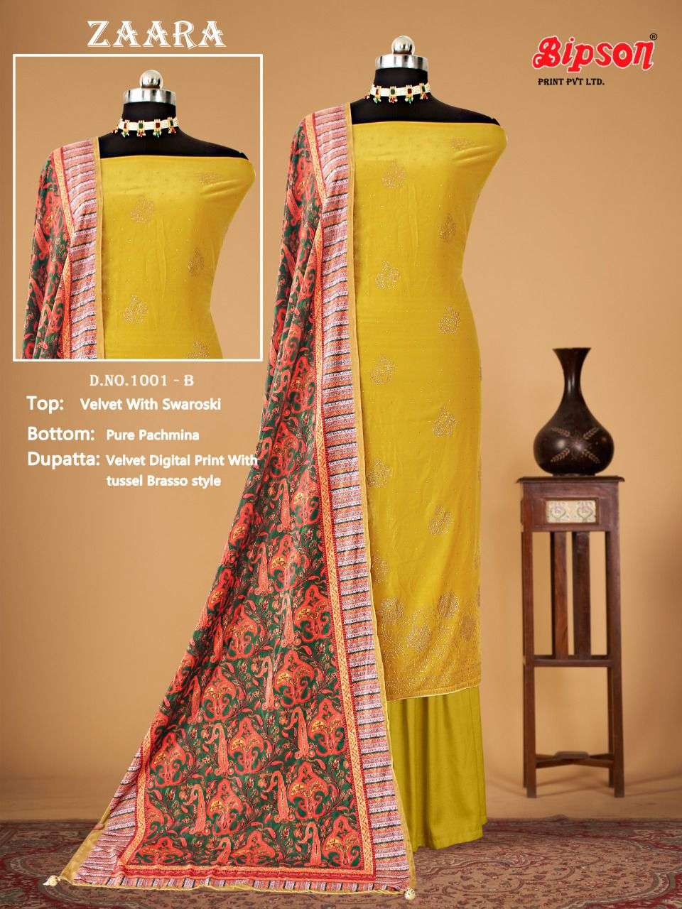 ZAARA BY BIPSON 1001-A TO 1001-D SERIES BEAUTIFUL SUITS COLORFUL STYLISH FANCY CASUAL WEAR & ETHNIC WEAR PURE VELVET WITH WORK DRESSES AT WHOLESALE PRICE
