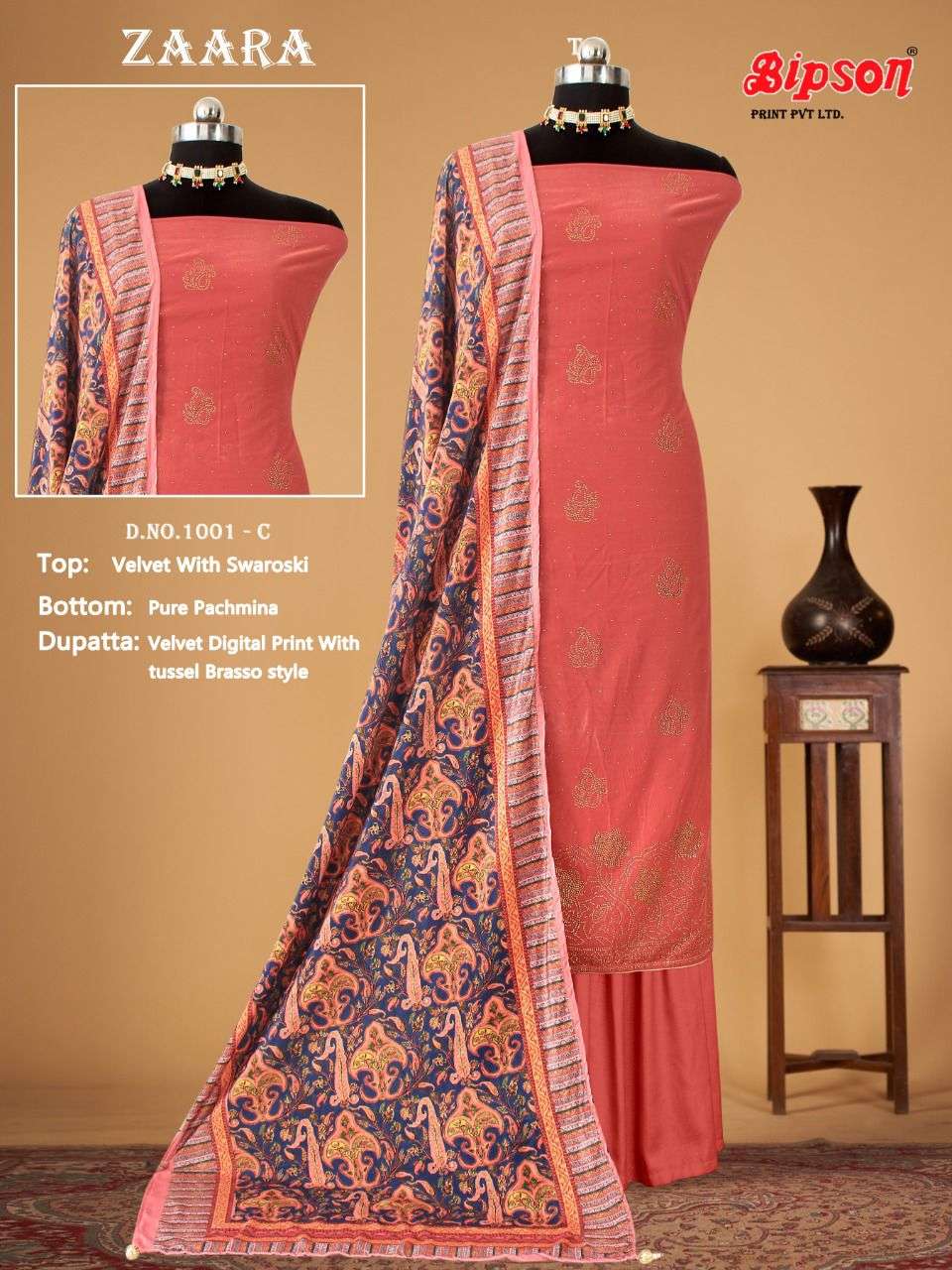 ZAARA BY BIPSON 1001-A TO 1001-D SERIES BEAUTIFUL SUITS COLORFUL STYLISH FANCY CASUAL WEAR & ETHNIC WEAR PURE VELVET WITH WORK DRESSES AT WHOLESALE PRICE