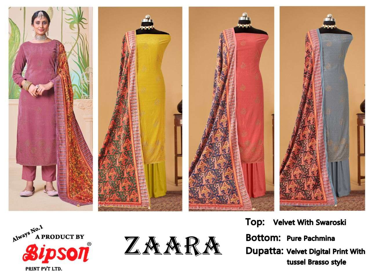ZAARA BY BIPSON 1001-A TO 1001-D SERIES BEAUTIFUL SUITS COLORFUL STYLISH FANCY CASUAL WEAR & ETHNIC WEAR PURE VELVET WITH WORK DRESSES AT WHOLESALE PRICE