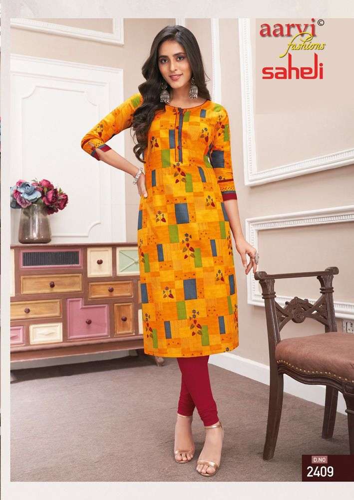 SAHELI VOL-14 BY AARVI FASHION 1401 TO 1416 SERIES DESIGNER STYLISH FANCY COLORFUL BEAUTIFUL PARTY WEAR & ETHNIC WEAR COLLECTION PURE COTTON PRINT KURTIS AT WHOLESALE PRICE