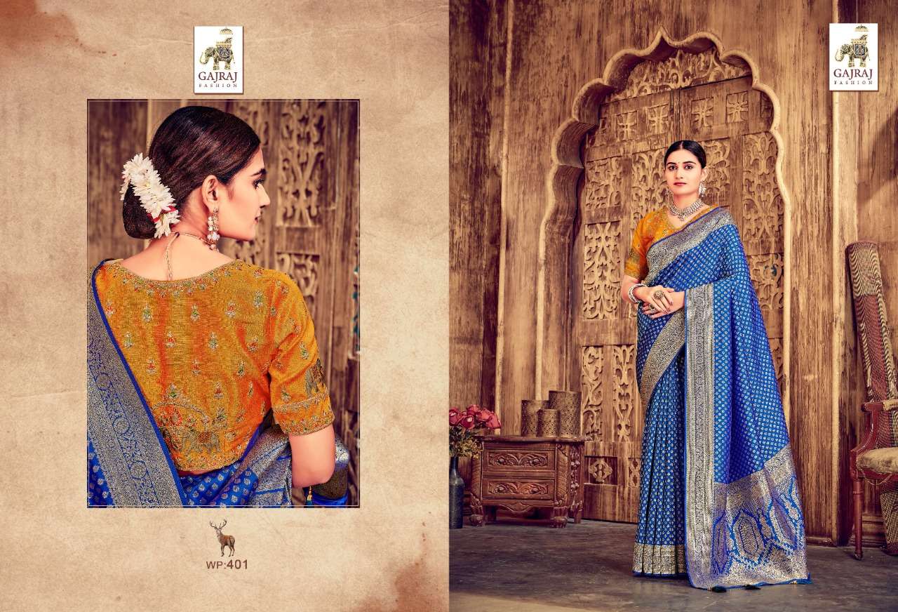 GAJRAJ 401 SERIES BY GAJRAJ FASHION 401 TO 410 SERIES INDIAN TRADITIONAL WEAR COLLECTION BEAUTIFUL STYLISH FANCY COLORFUL PARTY WEAR & OCCASIONAL WEAR BANARASI SILK SAREES AT WHOLESALE PRICE