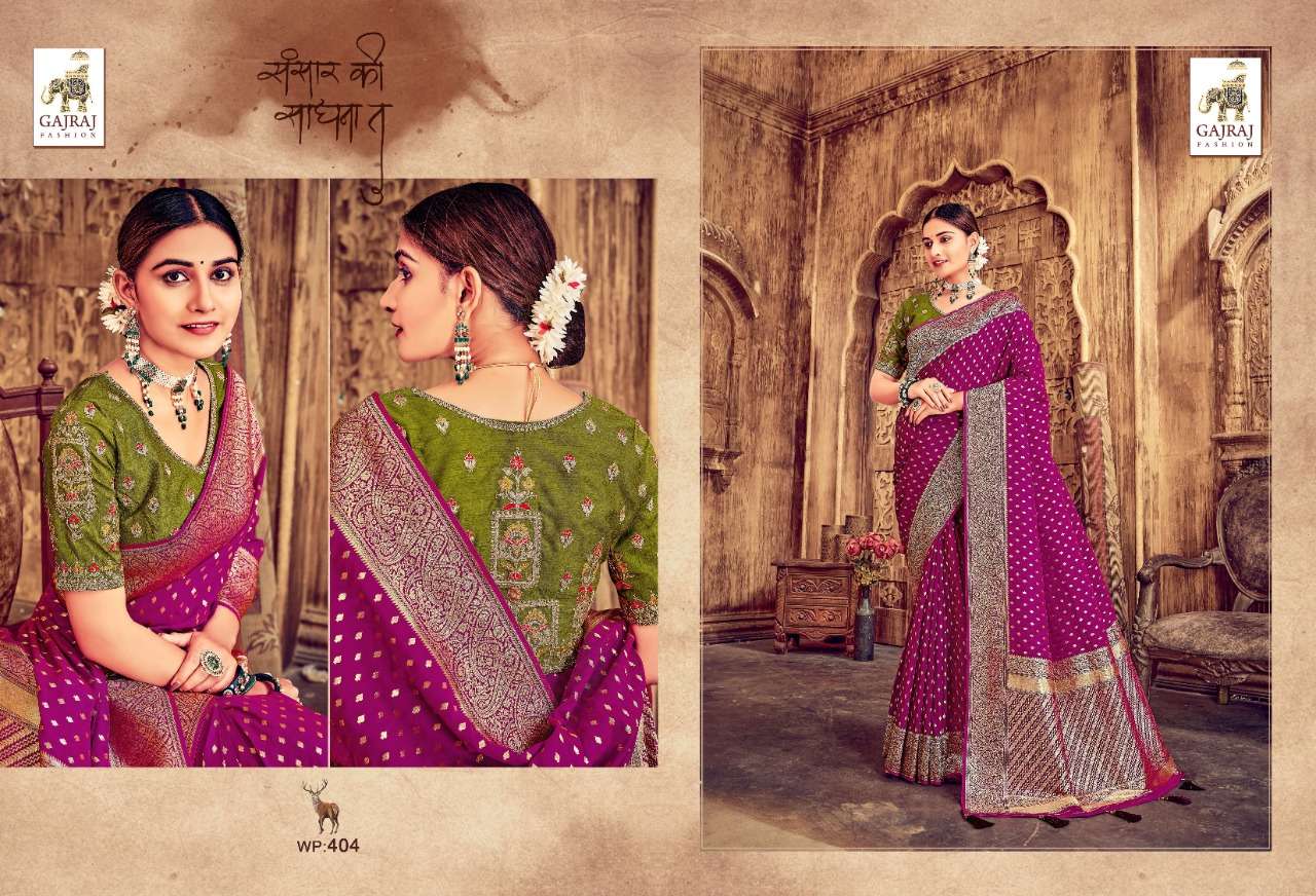GAJRAJ 401 SERIES BY GAJRAJ FASHION 401 TO 410 SERIES INDIAN TRADITIONAL WEAR COLLECTION BEAUTIFUL STYLISH FANCY COLORFUL PARTY WEAR & OCCASIONAL WEAR BANARASI SILK SAREES AT WHOLESALE PRICE