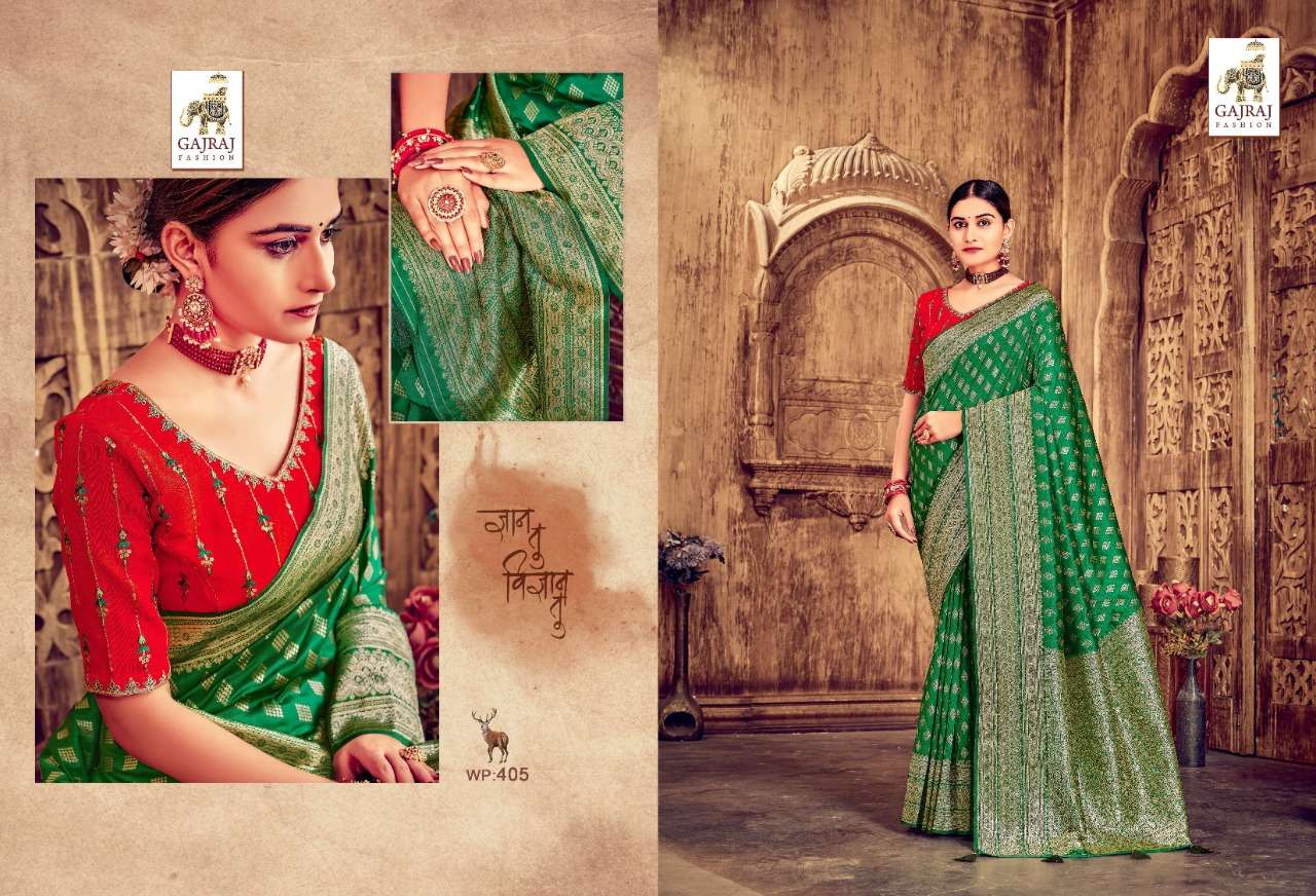 GAJRAJ 401 SERIES BY GAJRAJ FASHION 401 TO 410 SERIES INDIAN TRADITIONAL WEAR COLLECTION BEAUTIFUL STYLISH FANCY COLORFUL PARTY WEAR & OCCASIONAL WEAR BANARASI SILK SAREES AT WHOLESALE PRICE