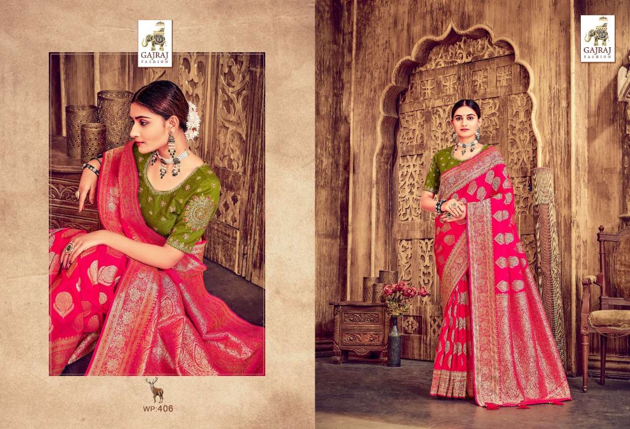 GAJRAJ 401 SERIES BY GAJRAJ FASHION 401 TO 410 SERIES INDIAN TRADITIONAL WEAR COLLECTION BEAUTIFUL STYLISH FANCY COLORFUL PARTY WEAR & OCCASIONAL WEAR BANARASI SILK SAREES AT WHOLESALE PRICE