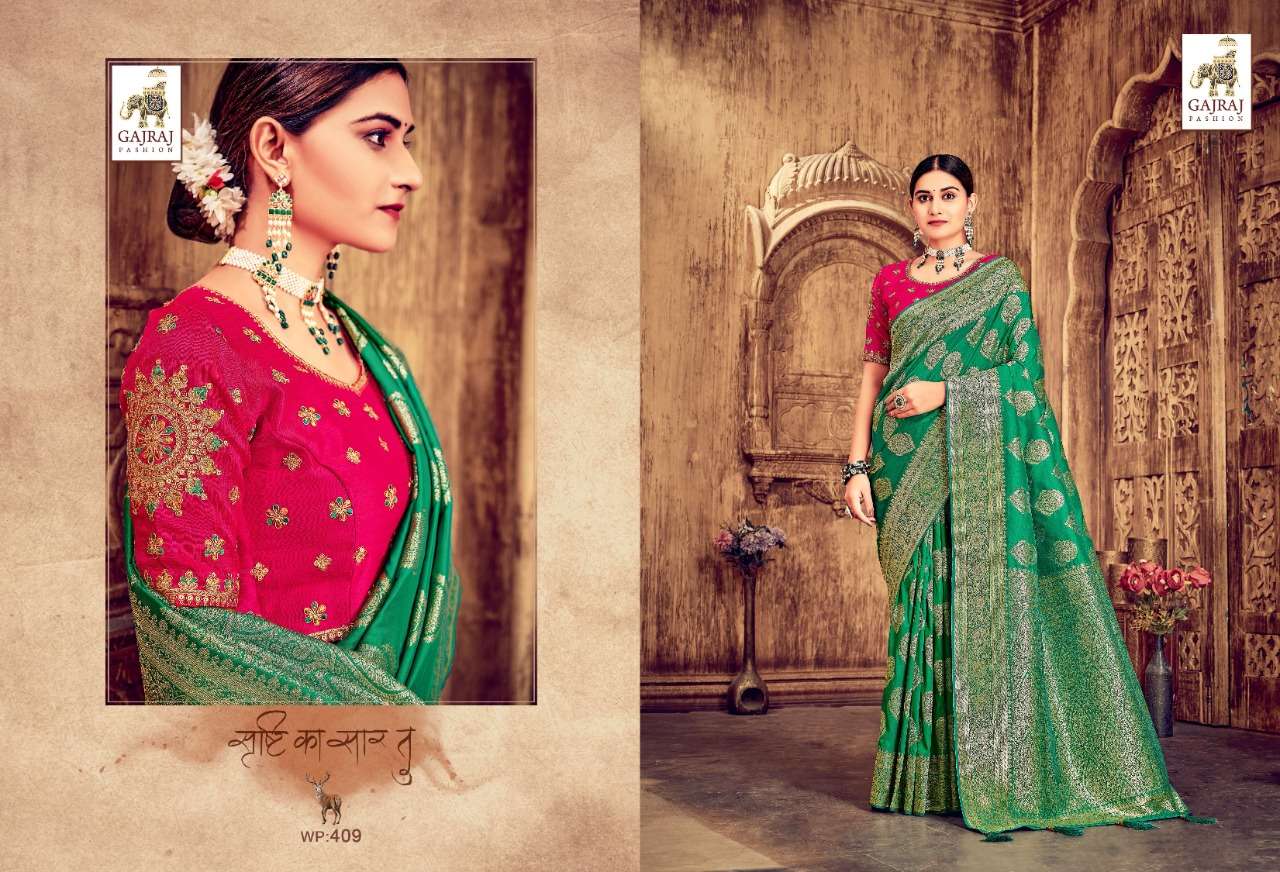 GAJRAJ 401 SERIES BY GAJRAJ FASHION 401 TO 410 SERIES INDIAN TRADITIONAL WEAR COLLECTION BEAUTIFUL STYLISH FANCY COLORFUL PARTY WEAR & OCCASIONAL WEAR BANARASI SILK SAREES AT WHOLESALE PRICE